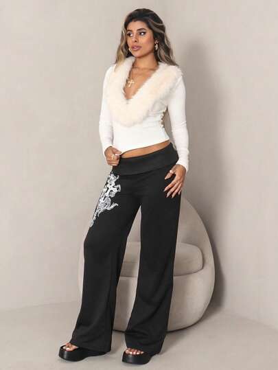 Rayane Ketlyn 女式夏季节日文艺复兴博览会街头服饰复古 Y2K 垃圾摇滚图案弹力翻领长裤黑色直筒裤