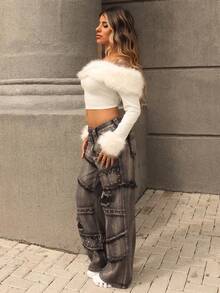 Rayane Ketlyn Jeans vintage délavé à jambes larges, taille basse, avec décoration de rivets style punk Y2K - Noir - Voir 4