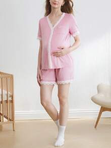BloomMama Pregnant Women's Contrast Color Lace Trim Short Sleeve Top And Shorts Pajama Set - Pink - View 4