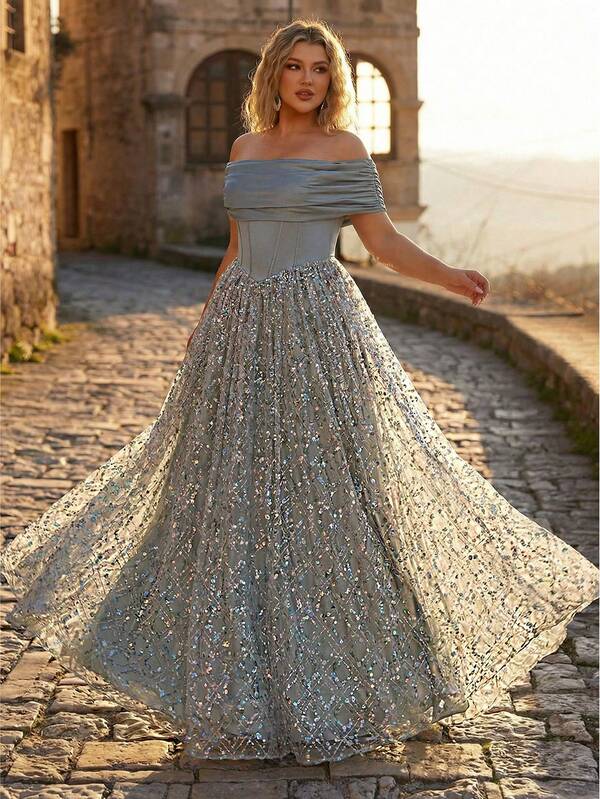 Glamrae Plus Size Elegant Romantic Gray-Green Off Shoulder Luxury Beaded Patchwork Elastic Knit Ruched High-Low Dress, Suitable For Weddings, Parties, Formal Events, Gala Dinner (Heavily Embellished Design)