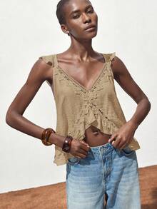 SHEIN Maija Áo tank top nữ dáng rộng, màu trơn, phối ren xếp nếp. - Màu Khaki - Xem 4