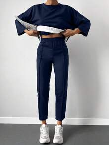 EURMUSE 90% Cotton Drop Shoulder 2 In 1 Tee & Seam Detail Sweatpants - Navy Blue - View 5