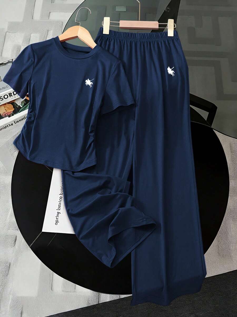 Tween Girl Knight Print Round Neck Short Sleeve T-Shirt And Wide Leg Pants Casual Daily Outfit - Blue - View 1