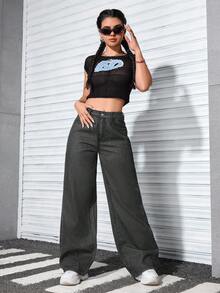 SHEIN ICON 大码女式高腰口袋阔腿宽松休闲牛仔裤，秋冬款 - 黑色 - 查看 4