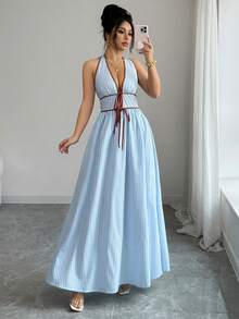 SHEIN Elenzya 女士优雅蓝色条纹吊带连衣裙，休闲度假沙滩裙，适合日常出行、约会、派对等场合，腰部采用撞色系带设计。 - 藍白色 - 查看 7