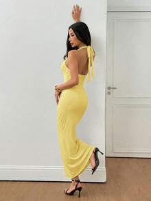 SHEIN PETITE 女款純色網紗垂領優雅約會長洋裝，度假穿搭，秋冬夏季女裝，適合嬌小女性 - 黃色 - 查看 2