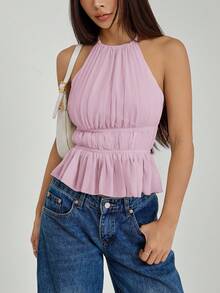 SHEIN PETITE Áo tank top nữ xếp ly, cổ yếm, buộc eo, hở lưng - Màu tím hoa cà - Xem 10