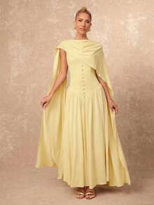Lumalex Women's Solid Color Draped Design Ruched Waist Elegant Long Dress For Party - Light Yellow - View 5
