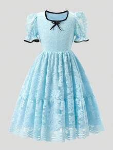 SHEIN Elladie kids 少女黑色對比蕾絲飾邊腰部花卉提花布料優雅泡泡袖洋裝 - 淺藍色 - 查看 7