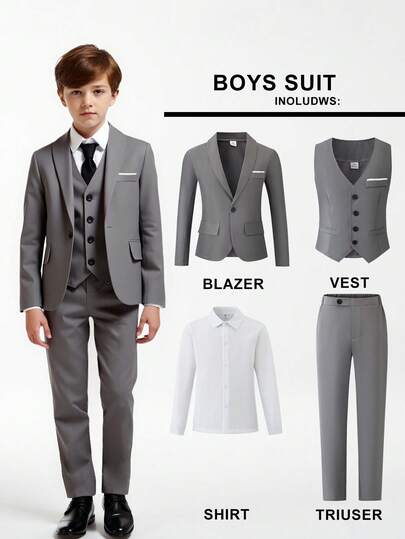 SHEIN Tween Boy Solid Color Long Sleeve Suit Jacket, Single-Breasted Vest, Collared Long Sleeve Shirt, And Trousers Elegant Suit Set, Suitable For Dinner, Party, Hosting, Stage Performance, Gathering, Runway, Christening, Business, Birthday,  ,  , And Various Occasions, All-Season Wear, Back To SchoolWedding,Prom,Graduation Boys Elegant Wear