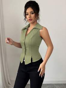 Elenzga 女士春夏法式优雅通勤休闲度假衬衫，V领，纽扣装饰，V形下摆开衩，无袖条纹衬衫 - 綠色 - 查看 5