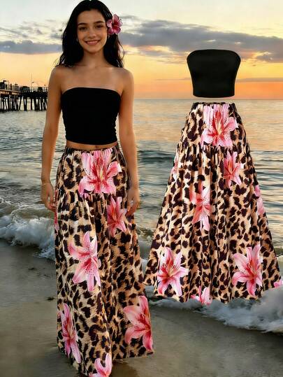 Sparklyn Teen Girls Black Bandeau Top + Leopard & Pink Floral Print High Waist Skirt Set. The Top Is A Classic Black Fitted Bandeau With A Minimalist Cut That Suits Various Body Types And Balances The Visually Complex Bottom. The High-Waisted Skirt Features A Vintage Leopard Print Base Overlaid With Vibrant Pink Floral Patterns, Creating A Sweet And Edgy Contrast.