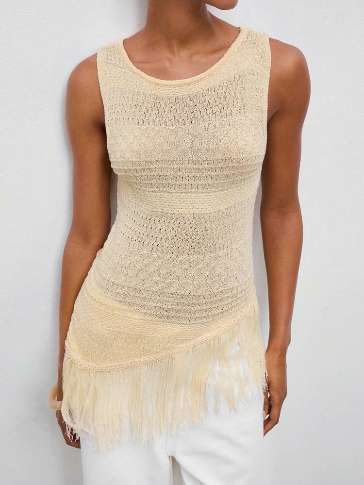 SHEIN Maija Women's Fashion Asymmetrical Hem Fringed Sleeveless Knit Top,Apricot Summer Boho Vacation Holiday Fringe Outfit Festival Outfits For Women