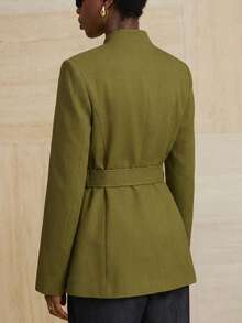 Aveloria Modichic Stand Collar Thick Tweed Single-Breasted Metal Button Decor Belt Utility Jacket - Green - View 2