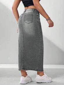Flexra Chân váy denim ôm dáng, xẻ tà cao, thích hợp cho nữ đi làm hàng ngày. - Xám - Xem 2