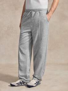 Courvante Casual Young Street Spliced Men's Drawstring Sweatpants, Knit Fabric Solid, Grey Joggers, Baggy, With Pocket, For Tennis Sport, Father's Day Gift For Father & Boyfriend, Outfits For Men - Grey - View 4