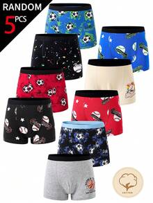 5 pièces/paquet Sous-vêtements caleçons confortables et frais pour garçons avec imprimés graphiques de sports, football, baseball - Multicolore - Voir 1