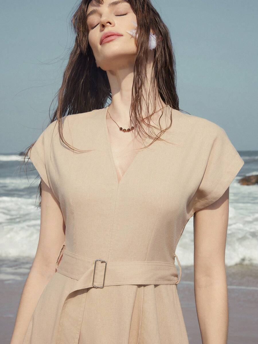 Aveloria Modichic Đầm midi dáng suông cổ chữ V thắt eo, thiết kế mới, thời trang. - Màu Khaki - Xem 1