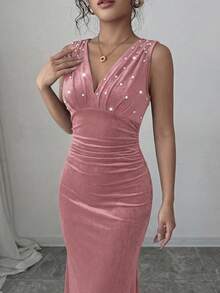 Elenzga Plus Size Women Elegant V-Neck Sleeveless Beaded Bodycon Party Dress - Blush Crush - View 5