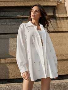 Anewsta Blusa blanca holgada de manga larga con cuello vuelto, casual y hecha a mano con cuentas, talla grande para mujer - Blanco - Ver 5