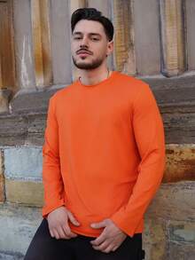 LEOGASHI LEOGASHI Men's Solid Color Long Sleeve T-Shirt, Casual Simple Fashion For Everyday Wear, For Fall - Burnt Orange - View 3