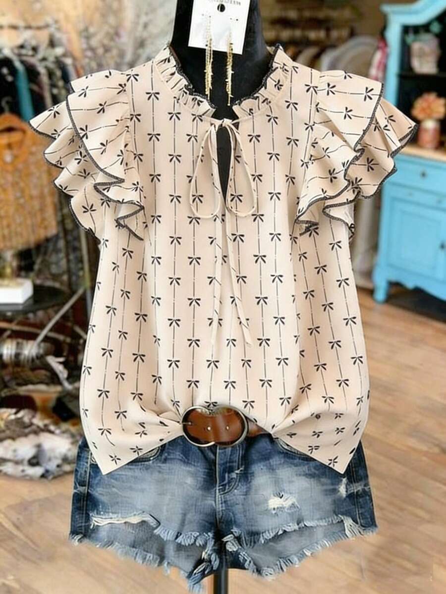 GlowEve CURVE Women's Plus Size Beige Floral Bow Print Blouse,Elegant Summer Tea Party Ruffle Trim Tie Waist Sleeveless Top,Cute Casual Working Outfits Blouses - Apricot - View 1