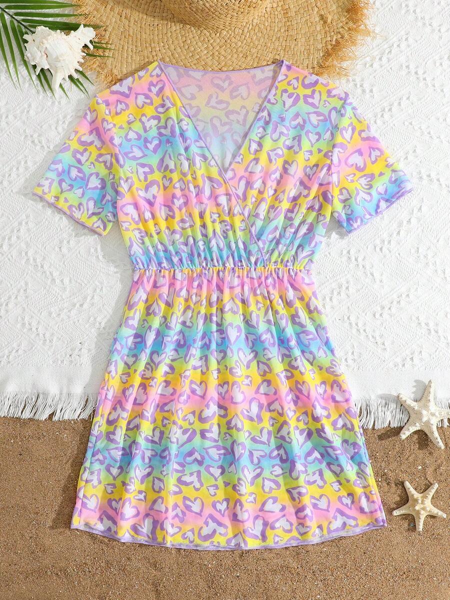 SHEIN 少女爱心印花短袖罩衫 - 彩色 - 查看 1