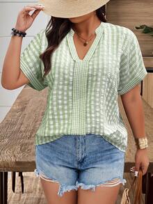 Weeklong Plus Size Women's V-Neck Plaid Patchwork Casual Shirt, Spring/Summer - Green - View 1