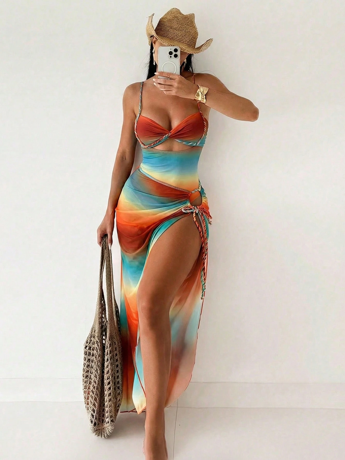Swim Sxy Summer Burnt Orange Boho Women 2Pcs Set Gradient Rope Strap Crop Top &