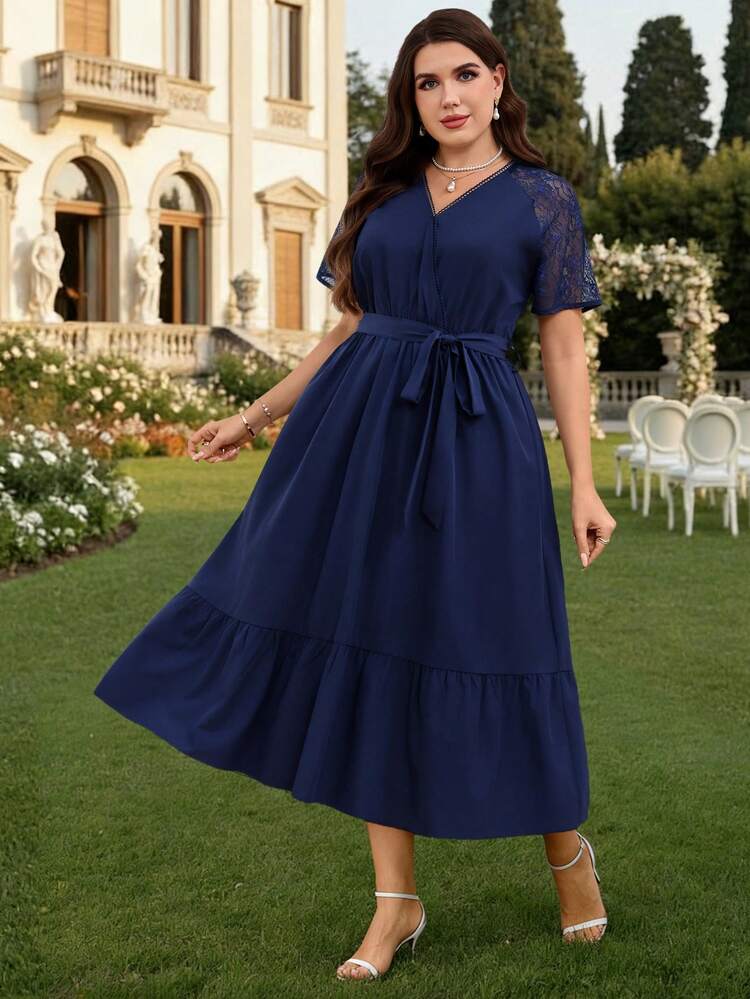 Lace Patchwork Waist Cinched Short Sleeve Plus Size Elegant Dress For Women