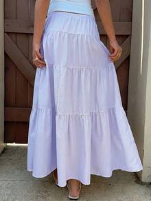 SHEIN EZwear 米黄色条纹半身裙，适合夏季度假，女士多层半身裙，夏季长裙，女士夏季服装，女士长裙，女士半身裙 - 淡紫色 - 查看 2