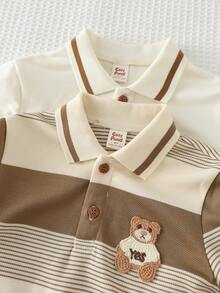 Cozy Pixies 2件套男童卡通熊图案针织软领短袖套头衫套装 - 杏色 - 查看 3