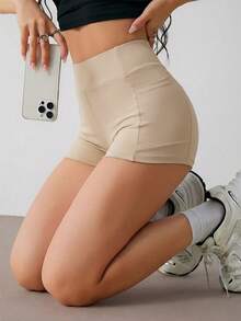 SHEIN PETITE 女款純色極簡高腰口袋內搭褲，休閒日常穿著，適合嬌小女性 - 駝色 - 查看 5