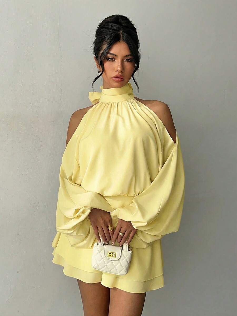 Aloruh 女士新款纯色长袖迷你连衣裙，灯笼袖A字裙，适合派对、约会、下午茶等场合，秋冬季款 - 淡黃色 - 查看 1