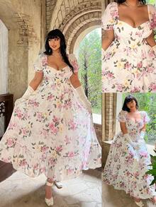 Lyrianda New Summer Fashion Elegant Cinched Waist Ditsy Floral Long Sleeve Dress - White - View 1