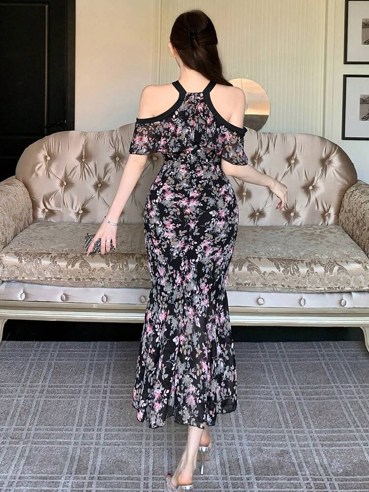 Women's Floral Print Halter Neck Cold-Shoulder Elegant Waist Cinched Party Mini Dress