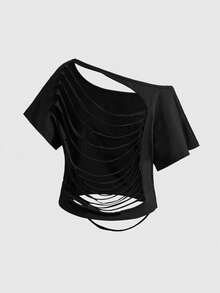ROMWE Grunge Punk Asymmetric Shoulder Ripped Open Back Loose Cropped T-Shirt - Black - View 2