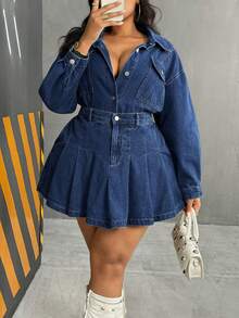 Slaydiva Plus Size Summer Casual Pleated Denim Skirt - Dark Wash - View 4