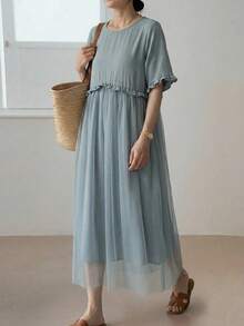 EMERY ROSE Casual Women's Cap Sleeve Doll Print Dress Light Blue Long Dress Summer Elegant Dress French Style Dress Dusty Blue Elegant Dress Cottagecore Dress Chiffon Dresses For Women Elegant Lengthy Cute One Modest Dress - Dusty Blue - View 3
