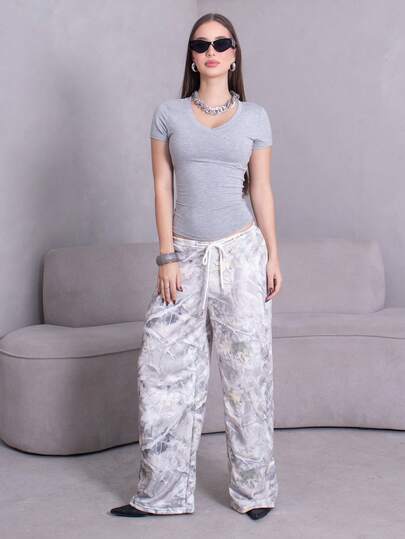 Duda Rubert 印花针织女式阔腿运动裤，休闲时尚，适合夏季