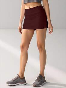 INAWLY 女士纯色修身简约设计夏季百搭半身裙 - 酒紅色 - 查看 3