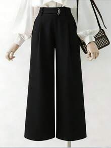 Elenzga Spring/Summer New Fashion Eyelet Waist Decoration Straight Leg Casual Everyday Commute Women Pants - Black - View 4