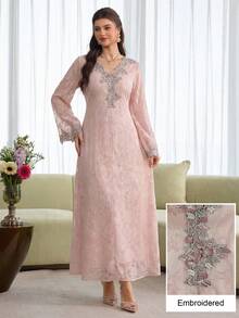 Al Najma Váy hoa xòe tay dài màu hồng thêu cổ chữ V thanh lịch dành cho nữ - Hồng - Xem 7