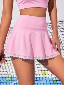 CourtClass Chân váy midi nữ có túi và viền ren, thích hợp cho các hoạt động thể thao như cầu lông, tennis, yoga, tập gym, chạy bộ và marathon. - Hồng - Xem 4