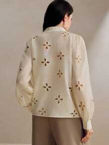 Anewsta Women's Romantic High-End Lace Collar Rhinestone Hollow Long Sleeve Blouse, Suitable For Dating And Commuting, Spring/Summer - Apricot - View 2