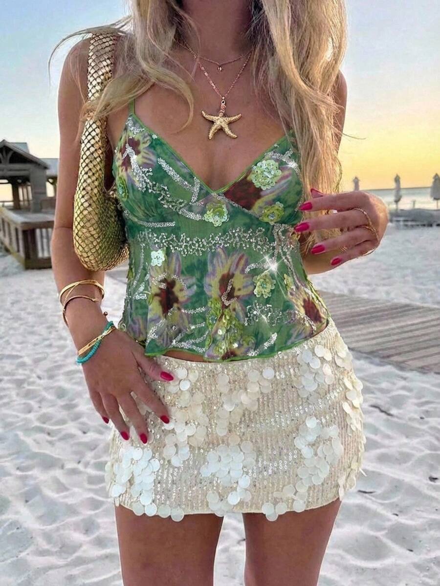 Aloruh 女式 Y2K 花卉印花亮片装饰性感时尚吊带背心 - 彩色 - 查看 1