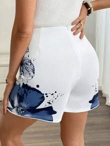 EMERY ROSE Women's Casual High Waist Bodycon Shorts With Blue Ink Floral Print And Side Splits Women Summer Shorts White Shorts High Waist Shorts Women Shorts With Floral Print - Multicolor - View 2