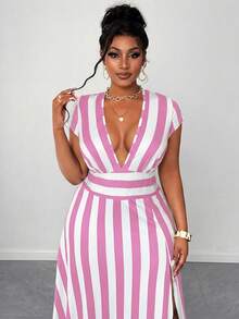 Maweii Plus Size Summer Casual Striped Deep V-Neck Split Dress - Pink - View 6