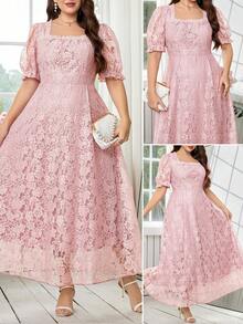 Ellevyn 大码女式花卉蕾丝方领花瓣袖优雅连衣裙 - 粉色 - 查看 17