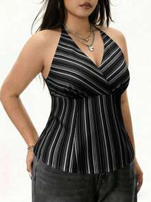INAWLY Plus Size Striped Print Halter Neck Backless Casual Tank Top, Summer Halter Top Zebra Print Top Sleeveless Tops For Women Women's Tops Striped Top - Black - View 3